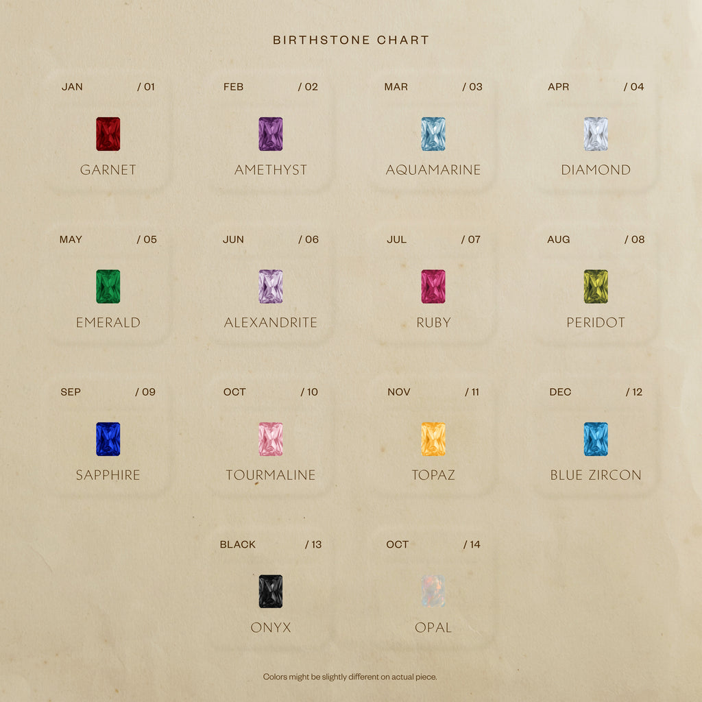 Noelle Jewelry birthstone chart for the Toi et Moi Birthstone Necklace in 18K Gold