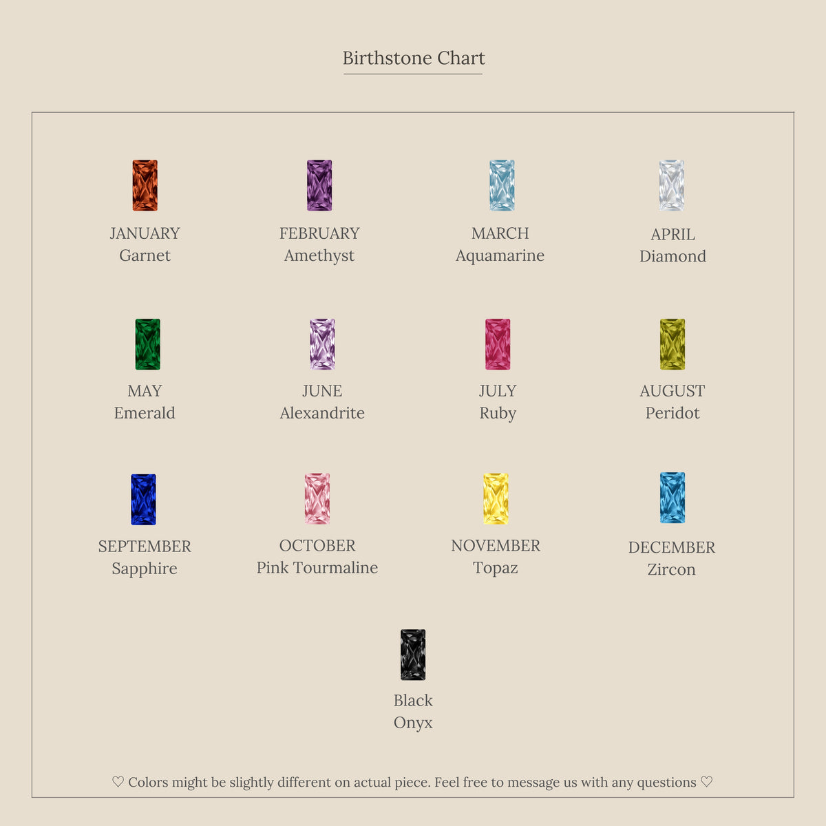 Noelle Jewelry birthstone chart for the Cluster Baguette Birthstone Ring in 18K Gold