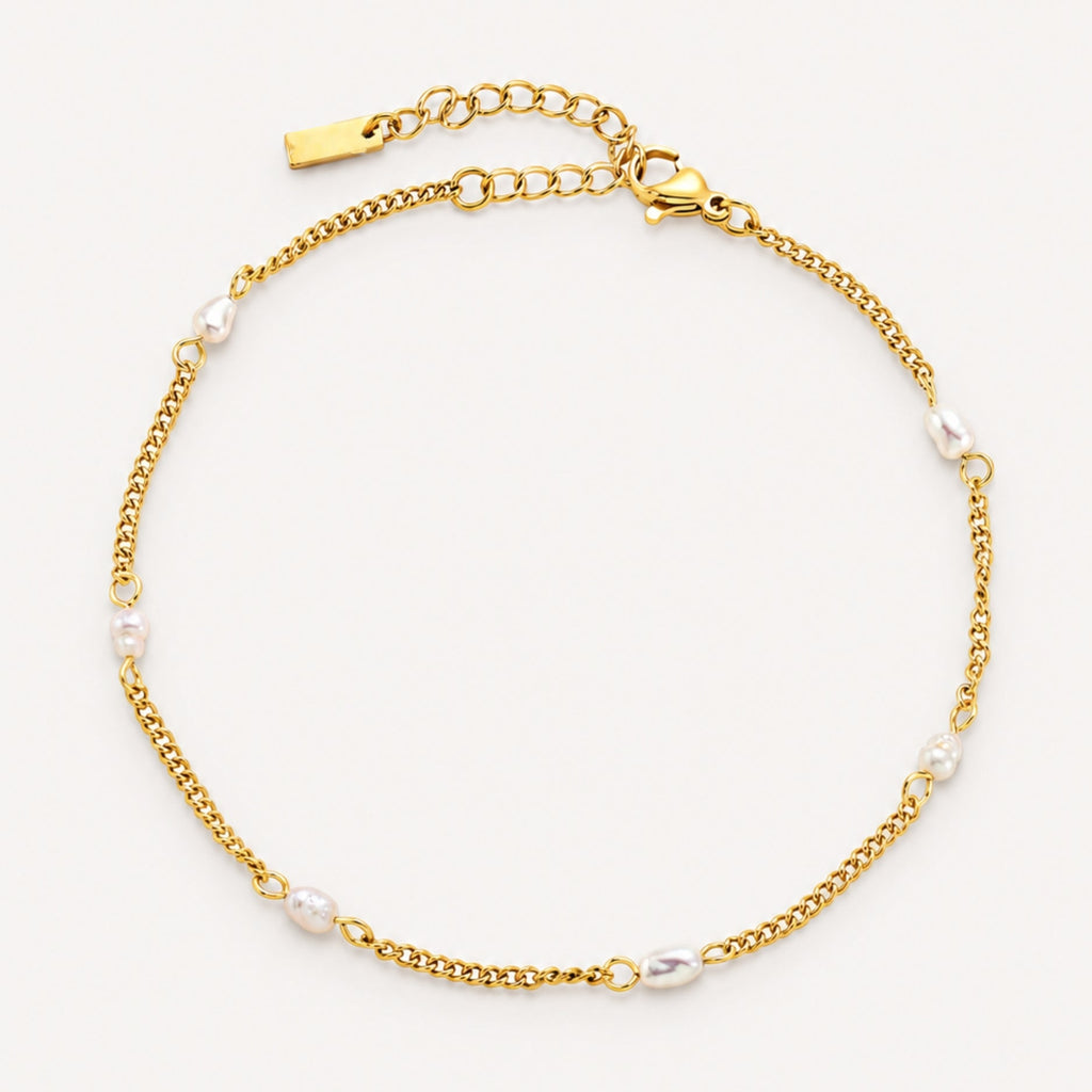 Noelle Jewelry gold freshwater pearl anklet, flat lay