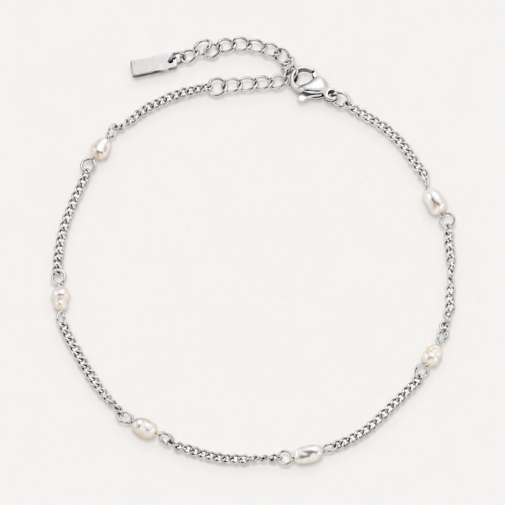 Noelle Jewelry silver freshwater pearl anklet, flat lay