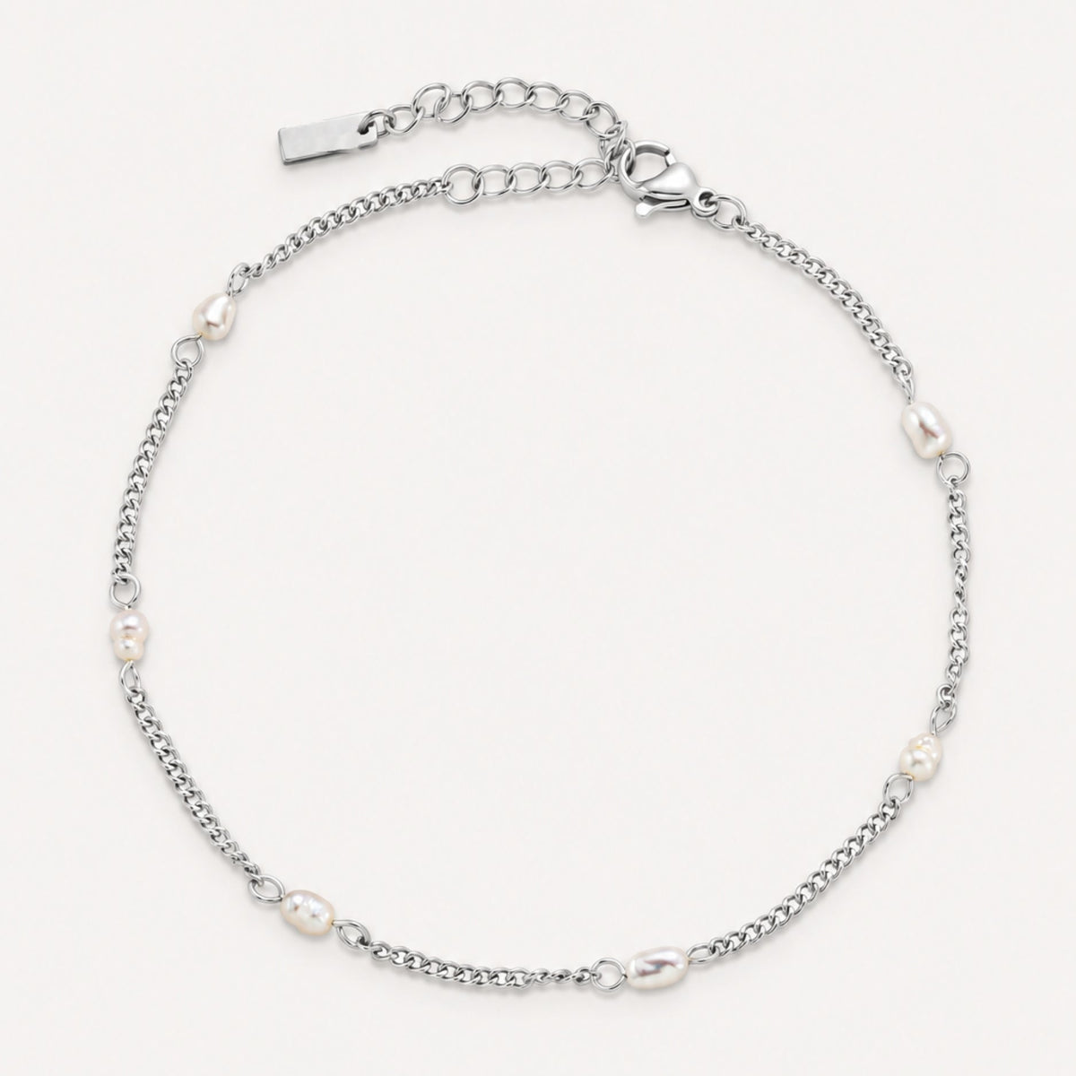 Noelle Jewelry silver freshwater pearl anklet, flat lay