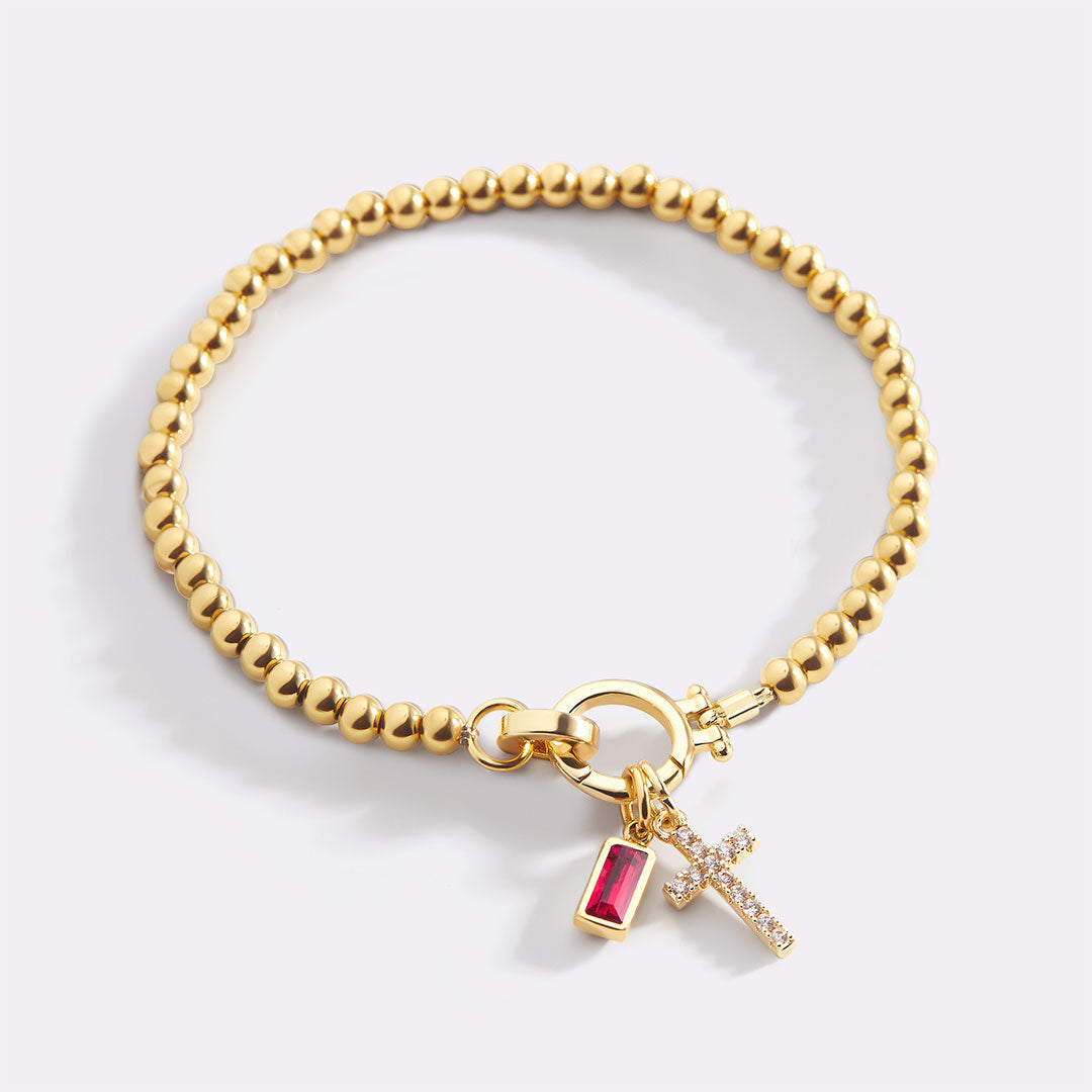 Birthstone Cross Charm Bracelet, July Ruby / 6.5"