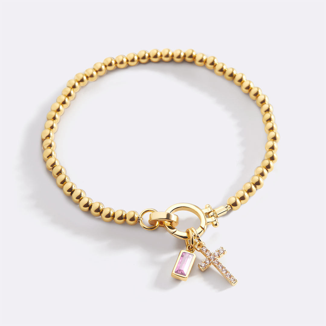 Birthstone Cross Charm Bracelet, October Pink Tourmaline / 6.5"