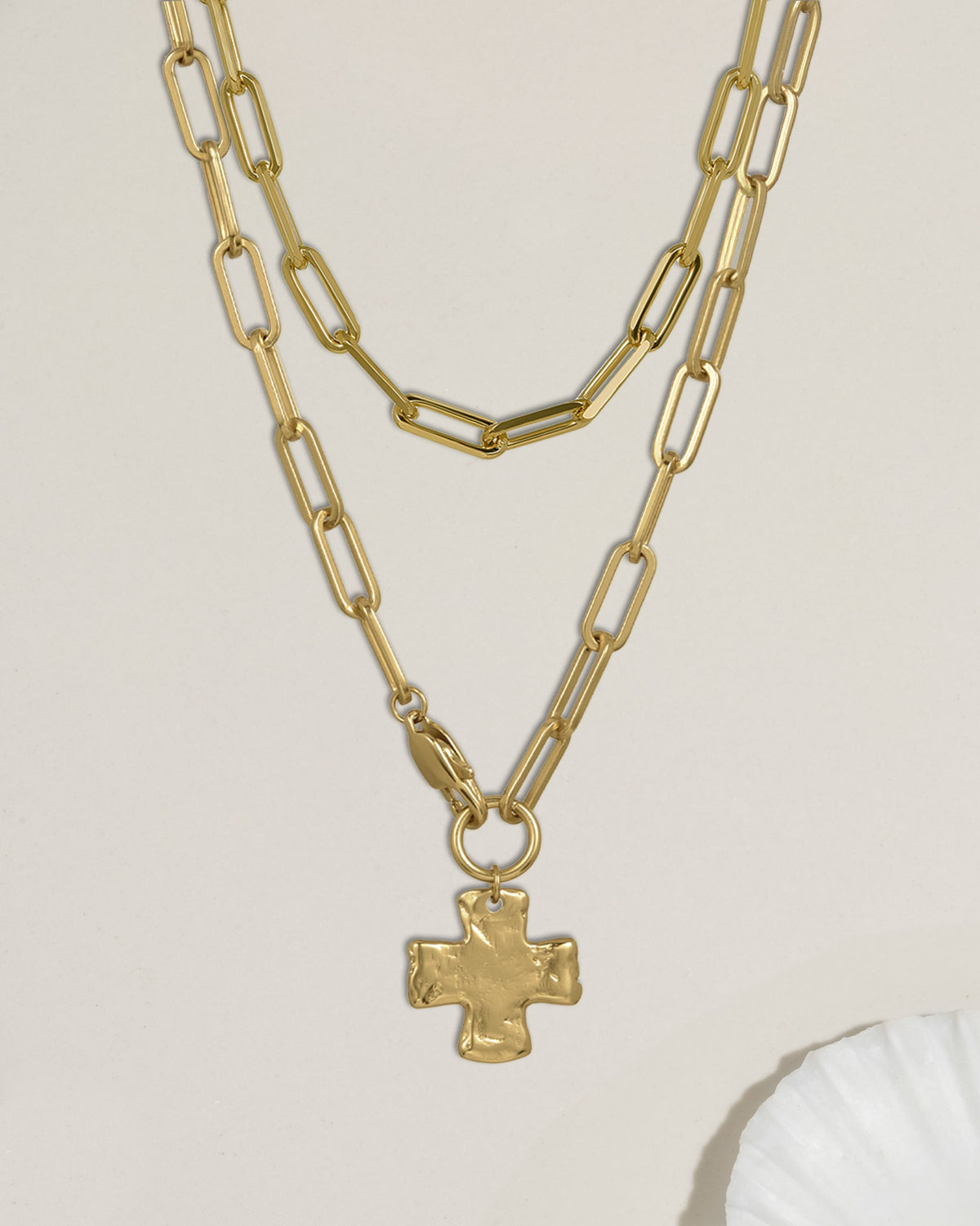 Chunky cross chain necklace composition photo showing multiple styles