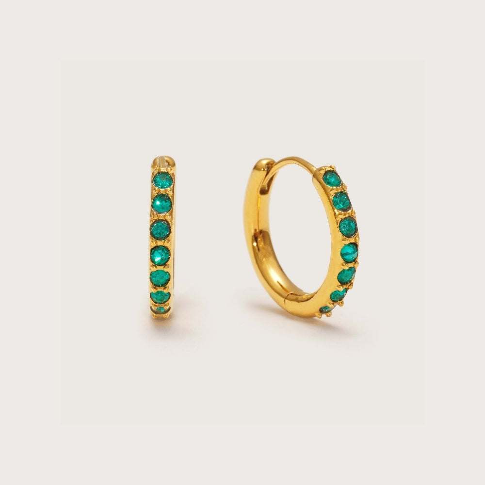 Gold Emerald Crystal Huggies, gold huggie earrings with emerald crystal