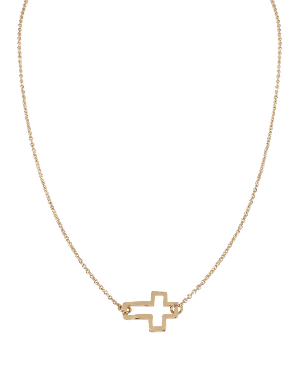 Delicate gold rolo chain necklace with tiny open cross pendant
