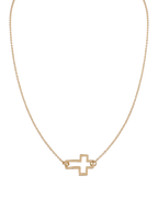 Delicate gold rolo chain necklace with tiny open cross pendant