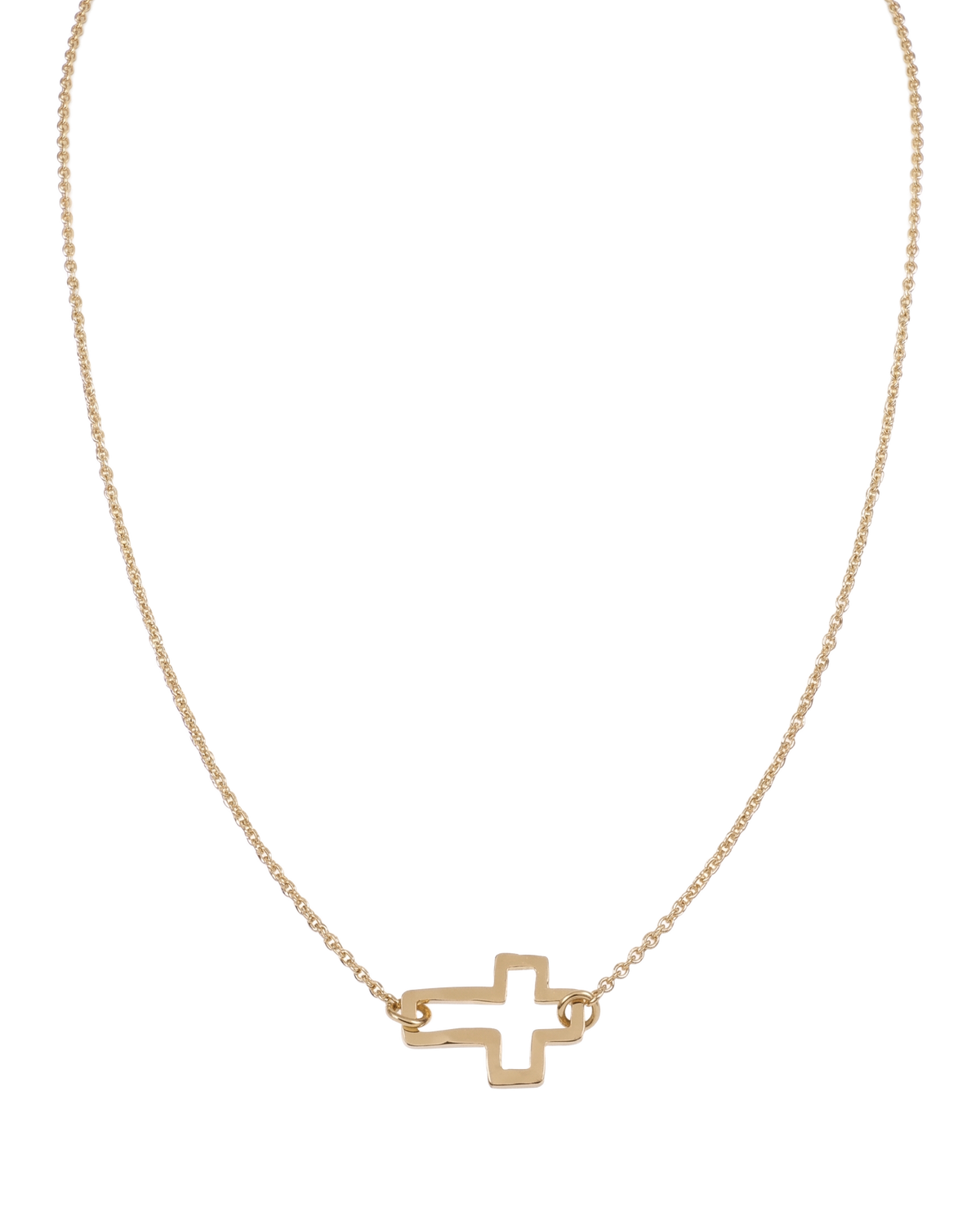 Delicate gold rolo chain necklace with tiny open cross pendant