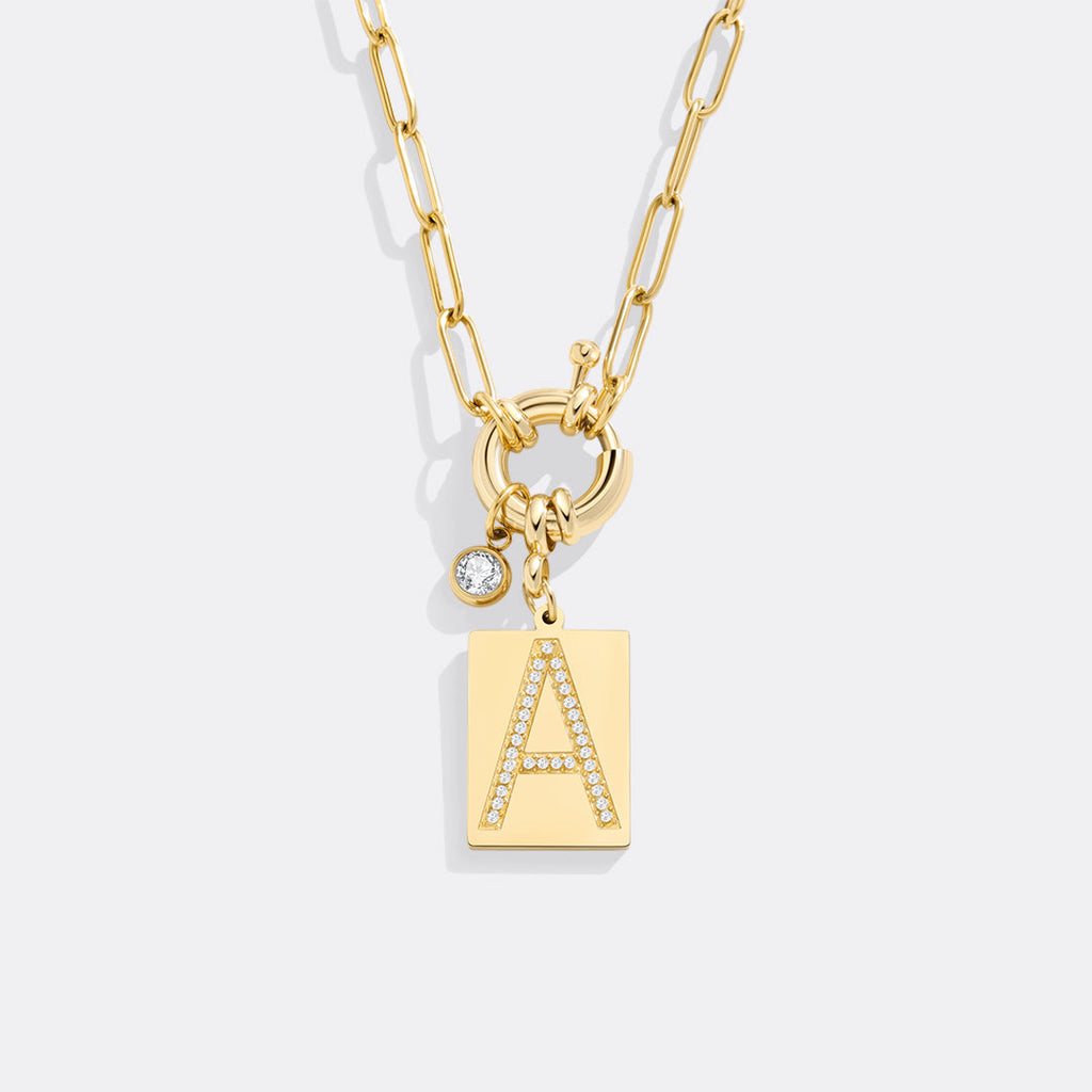 Pave Initial Pendant Necklace, Gold / A / 18"