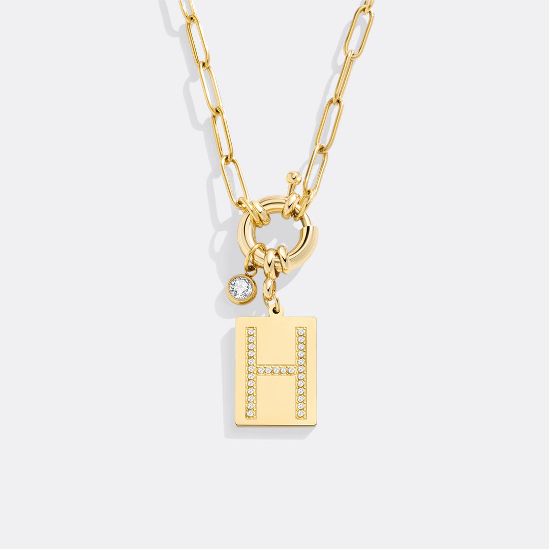 Pave Initial Pendant Necklace, Gold / H / 18"
