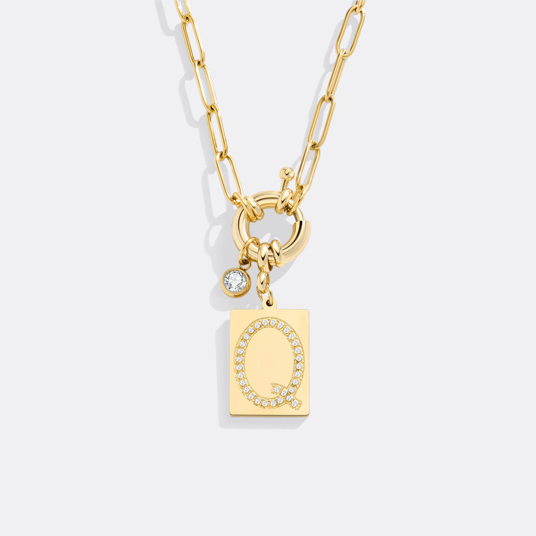 Pave Initial Pendant Necklace, Gold / Q / 18"