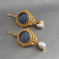 Blue Carved Gem & Pearl Drop Earrings