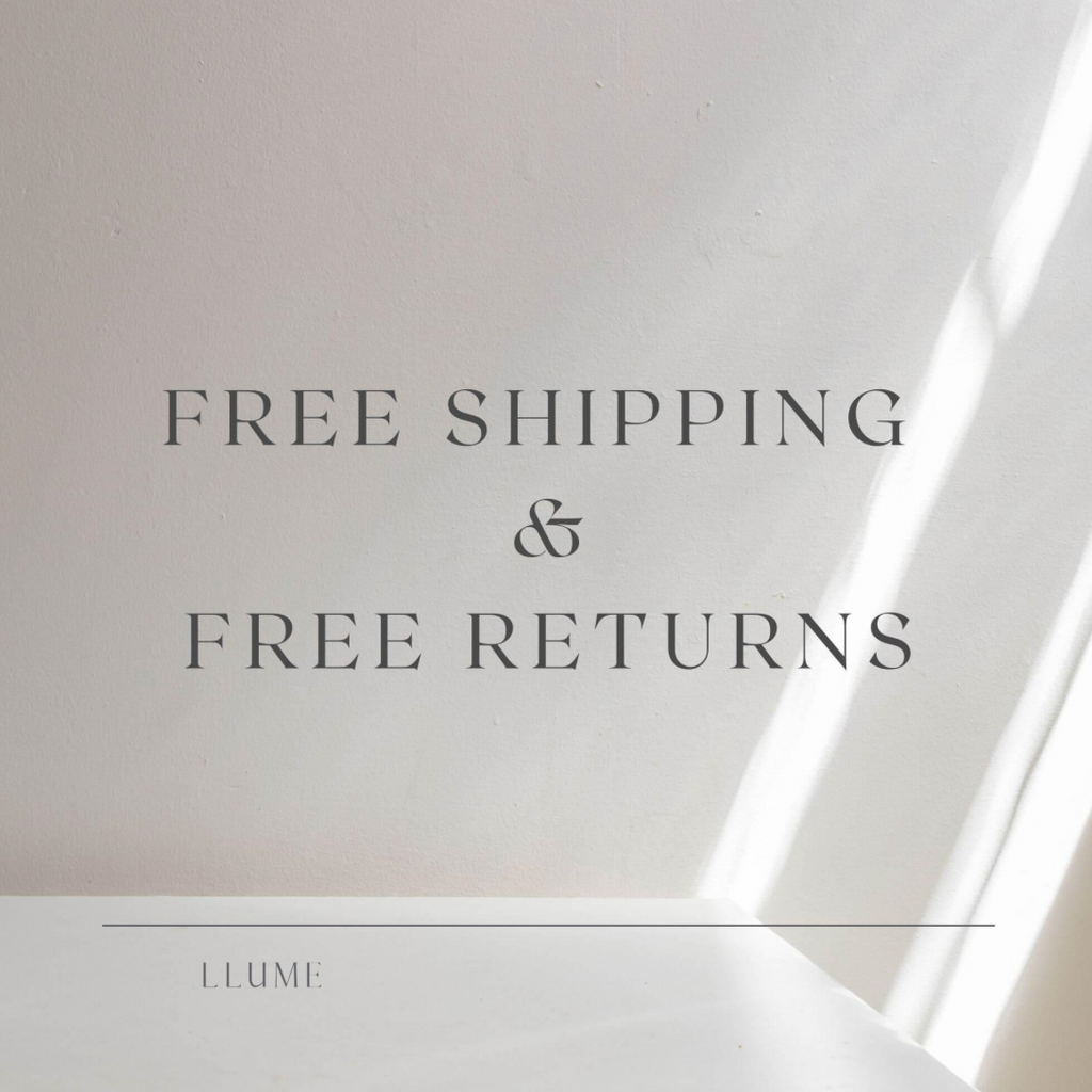 Text on a light background reads Free Shipping & Free Returns. Soft shadows and gentle light set the scene, with "LLUME Jewelry" subtly below—reflecting the classic style of the Day-to-Day Hoop.