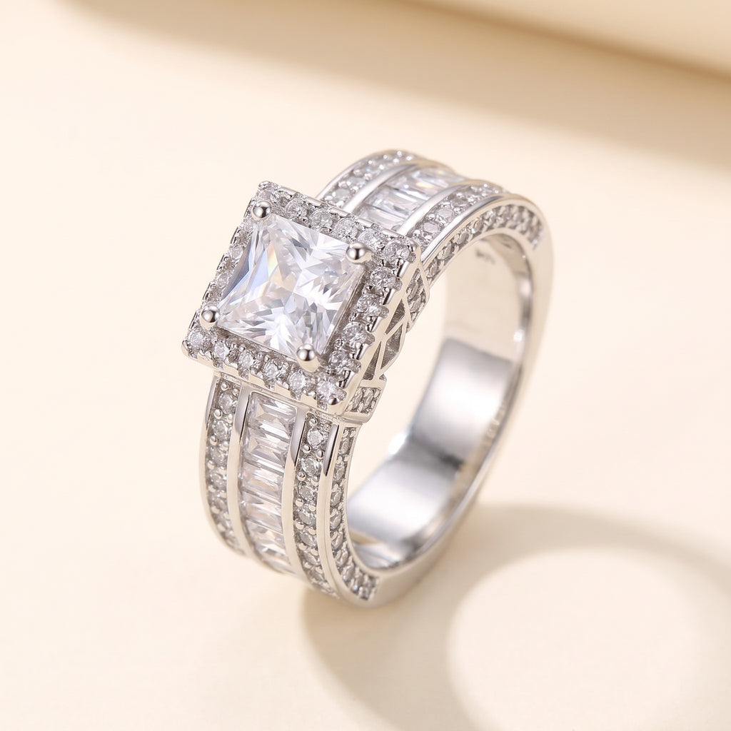 Beatrix square cubic zirconia ring on cream background
