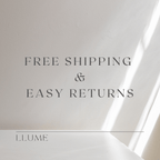 Text on a light beige background reads: FREE SHIPPING & EASY RETURNS. LLUME Jewelry is written below a horizontal line. Sunlight casts soft diagonal shadows, highlighting the Harlow Chain from our 18k gold filled necklace collection.