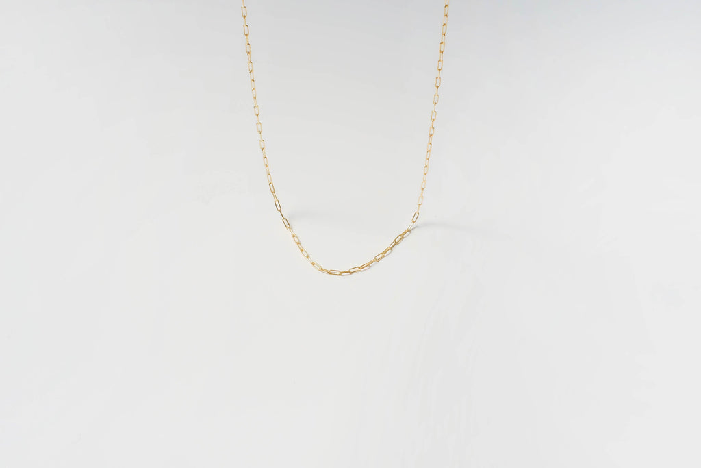 The Build a Birthstone Necklace by LLUME Jewelry features a delicate gold chain with small oval links, ideal for layering or adding gold plated charms to create a personalized, meaningful accessory.