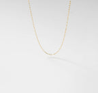 The Adelene Paperclip Chain by LLUME Jewelry features small, oval gold-plated links. Shown against a white background, the adjustable necklace forms a gentle curve and casts a subtle shadow below.